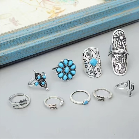 TURQUOISE Flower Cactus Triangle Arrow Tail Ring 9pcs/Set - Picture 4 of 5